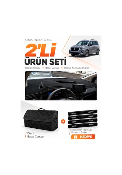 Nissan Townstar 2025-sonrası Uyumlu Torpido Örtüsü + Deri Bagaj Çantası + Sticker Seti - Siyah