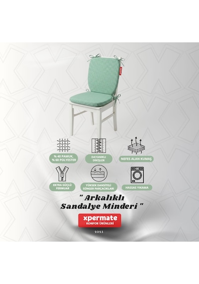 Pötikare Sırtlıklı Sandalye Minderi 42x42 Fermuarlı Yıkanabilir Kılıf Bağcıklı Minder Standart Fit Yeşil