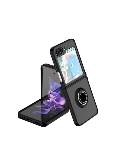 Samsung Galaxy Z Flip 7 FE Uyumlu Kılıf Yüzüklü Standlı Extra Koruma Sert Silikon Kapak -Siyah