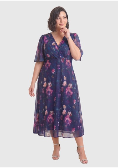Lilas Xxl Büyük Beden Pembe Çiçekli Pile Yaka Kısa Abiye Şifon Elbise
