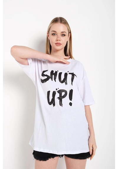 Startmore Kadın Shut Up Beyaz Baskılı Oversize Tshırt Beyaz