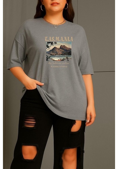 Büyük Beden Tasmania Baskılı Unisex Tişört Gri