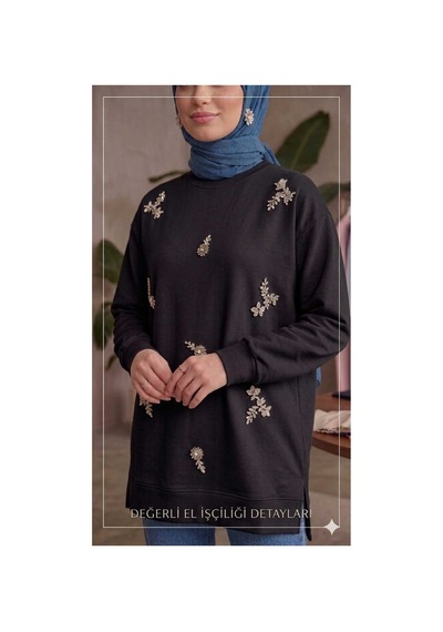 Butik Kadın Boncuk Taş İşlemeli Sweatshirt Siyah Siyah