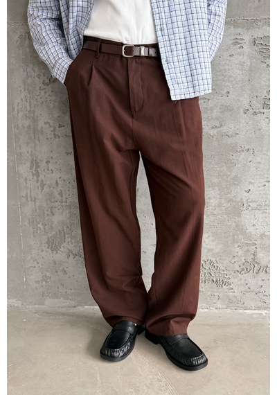 Erkek Baggy Fit Gabardin Kumaş Pantolon Kahverengi