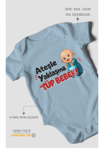 Morivokids Ateşle Yaklaşma Tüp Bebek Kısa Kollu Bebek Body %100 Pamuk Bebe Mavisi