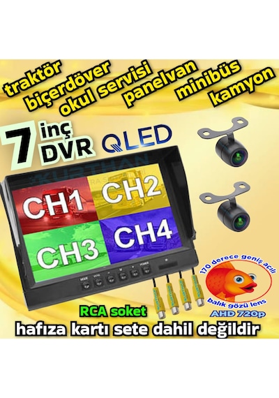 2 Adet Ledsiz Ahd 720p 170'' Balık Gözü Lens Kelebek Kamera 256 Gb 7 İnç Hybrid Dvr Monitör 12 Volt