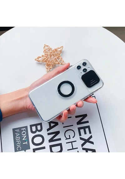 Ally iPhone Uyumlu 12 Pro Max Kılıf Sürgülü Kamera Lens Korumalı Yüzük Standlı Silikon Kılıf- 5775 Şeffaf