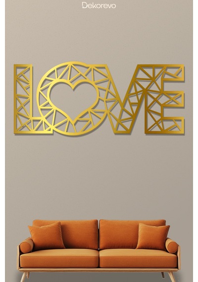Love Yazı Metal Duvar Tablosu - Metal Duvar Sanatı - Altın - 15 X 30 Cm