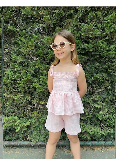 My Kids Wear Müslin Kumaş Şortlu Kız Çocuk Takım Pembe