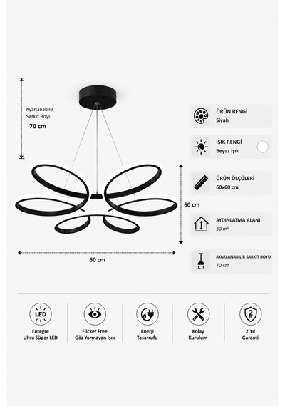 AvizeGO Niva Led Sarkıt Avize Beyaz Işık Siyah
