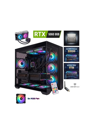 Ga-deluxe Siyah Geforce Rtx 5060 Amd Ryzen 9 9900x 32 Gb 1 Tb Ssd Tekli Kasa Masaüstü Oyuncu Bilgisayarı Cm5060btk32gb