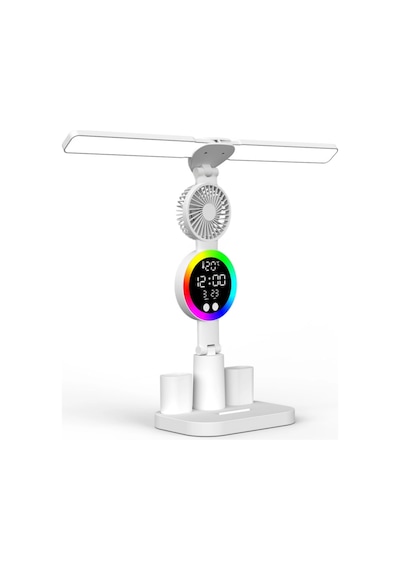 Shopytech Çift Başlıklı Led Masa Lambası Fanlı Dijital Saatli Rgb Ambiyans Dokunmatik Type-c Şarjlı Çok Renkli