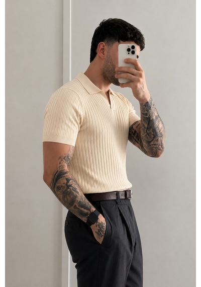 Tarz Cool Premium Fitilli Triko Polo Yaka Erkek Old Money T-shirt Bej