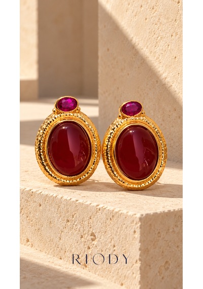 Riody Rubis Velours Gold Renkli Bordo Fuşya Oval Taş Görünümlü Çelik Kadın Küpe