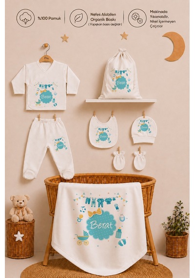 Pia Baby İsimli Erkek Bebek %100 Pamuk Zıbın Set Yastık Kılıfı Battaniyeli Kıyafet Keseli 2030zybk3x Ekru