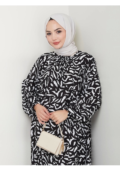 Nevayla Moda Desenli Önü Büzgülü Viskon Elbise - Siyah / E0131 Siyah