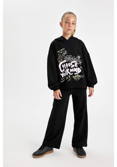 DeFacto Kız Çocuk Siyah Oversize Geniş Kalıp Kapüşonlu Baskılı Sweatshirt D0614A824AUBK81 Siyah
