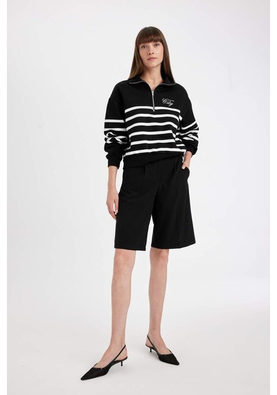 DeFacto Regular Fit Yarım Fermuarlı Dik Yaka Çizgili Kalın Sweatshirt D5297AX24AUBK81