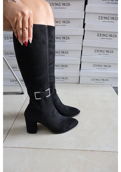 Asmi Shoes Kadın Lamor Siyah Süet Topuklu Yandan Fermuarlı Diz Altı Çizme 410