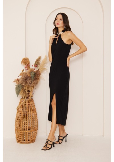 Darlin Moda Yakası Zincir Detaylı Yırtmaçlı Kolsuz Elbise Dm1026