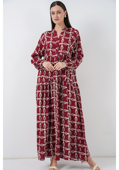 Bigdart Kadın Desenli Uzun Tesettür Elbise 2585 - F.Bordo