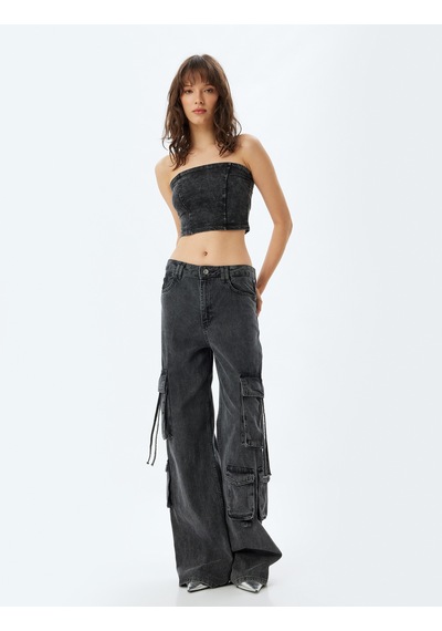 Koton Crop Straplez Büstiyer Soluk Efektli Pamuklu Slim Fit Antrasit 4sak10924ek