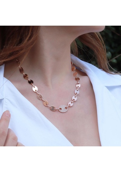 Düğme Modeli Zirkon Taşlı Rose Gold Kaplama Gümüş Kolye Gümüş