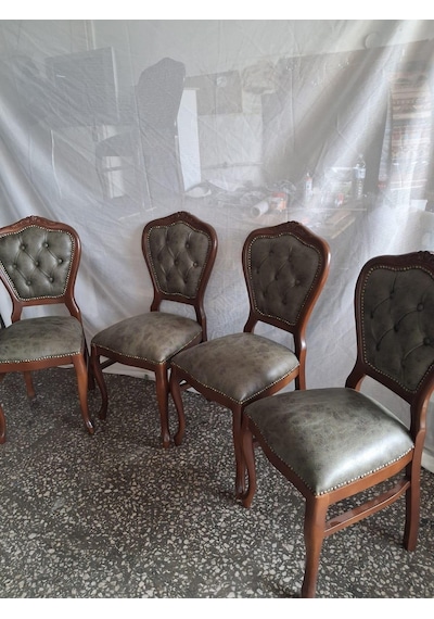 Sandalye Klasik 90612 Model Kayın Aslan Ayak Ceviz Nubuk Kumaş 4 Adet El Yapım Yeşil