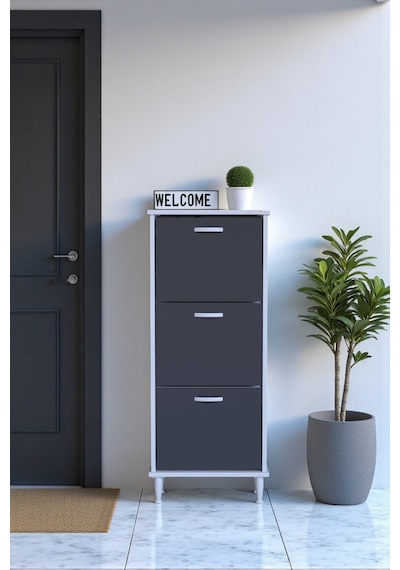 Eliusta Nefes Ayaklı 52 Cm Ayakkabılık Kapı Önü/antre 3 Düşer Kapaklı Antrasit 52x127x26 Cm Ayakkabılık Antrasit