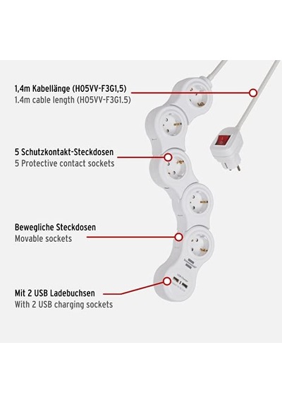 Vario Power Çoklu Priz, Usb Şarj Fonksiyonlu, Hareketli Çoklu Priz, 5 Kat 1,4 M Kablo, Şalterli Ve 2 Usb Şarj Soke 0