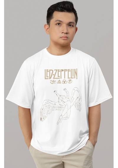 Sevbano Tasarım Led Zeppelin Rock Metal Müzik Grubu Baskılı Unisex Oversi Beyaz