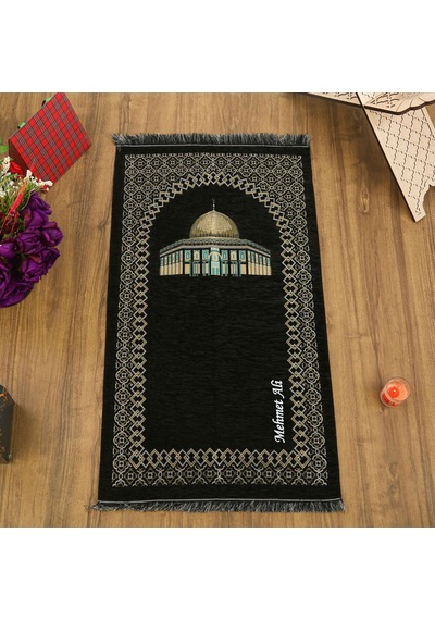 İsme Özel Kubbetüs Sahra Lüks Şönil Seccade Siyah 66x117cm 485gr Çok Renkli
