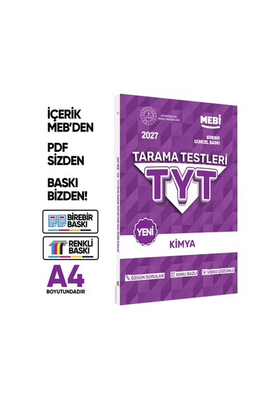 2027 YKS-TYT MEBİ-OGM Kimya Özgün Tarama Testleri Kitabı A4 Boyut Renkli Görsel BASKI ÜCRETİ