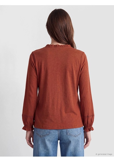 LC Waikiki Lcw Grace Turuncu Fırfırlı Bisiklet Yaka Nakışlı Bluz Burnt Orange