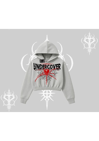 Startmore Beyaz Crop Kapşonlu Sweatshirt Spider Undercover Gri