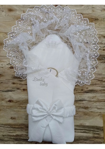 Yenidoğan Sahra Taç Lucky Baby Nakışlı Kumru Kundak Bebek Battaniyesi Ekru Çok Renkli