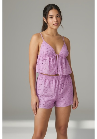 Kadın Lila Astarlı Kendinden Desenli Dokuma Şortlu Pijama Takımı Mor