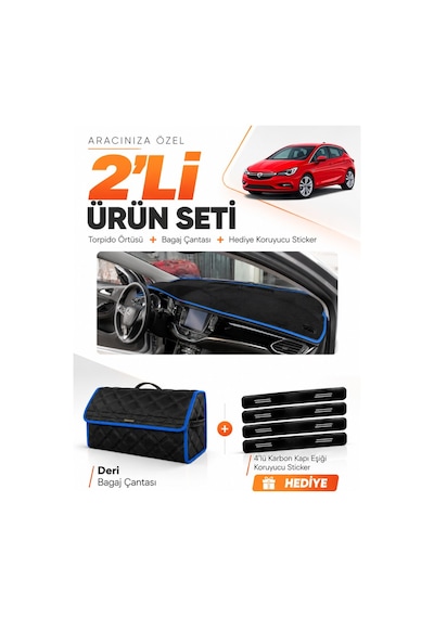 E-biz Opel Astra K 2015-2021 Uyumlu Torpido Örtüsü + Deri Bagaj Çantası Seti - Siyah-mavi - Op005