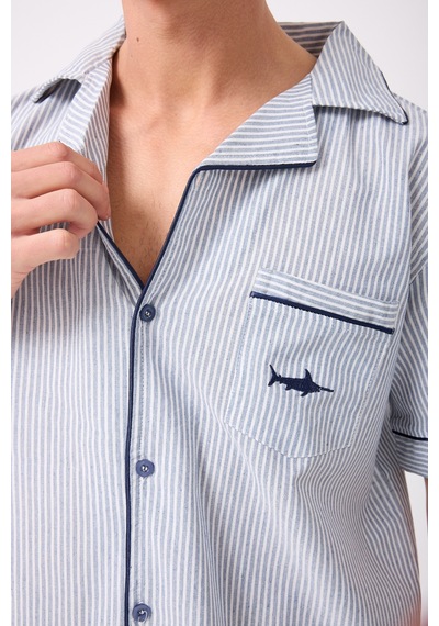 L'espadon Marısılk Seastrıpe Erkek Dokuma Yazlık Kısa Kollu Capri Pantolonlu Pijama & Lounge Takımı-3212 Mavi