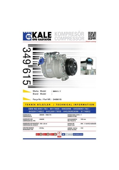 KALE OTO Radyatör 349615 Klima Kompresörü Bmw 5 (E60) 520İ-525İ-530İ-525D (03-10) 7 (E65) 730İ-730D 02- (100Mm)