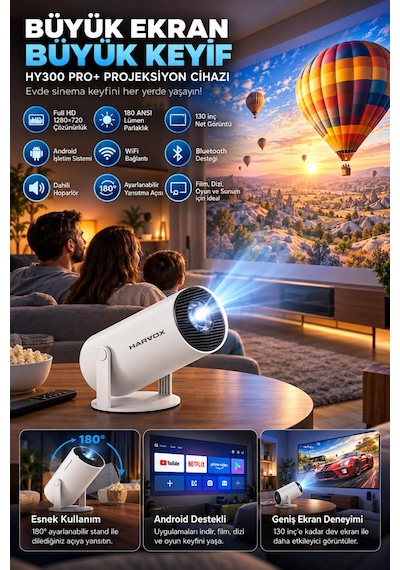 Harvox Hy300 Pro Ultra Hd Taşınabilir Mini Projeksiyon Cihazı Döner Başlıklı Akıllı Ev Sinema Siste