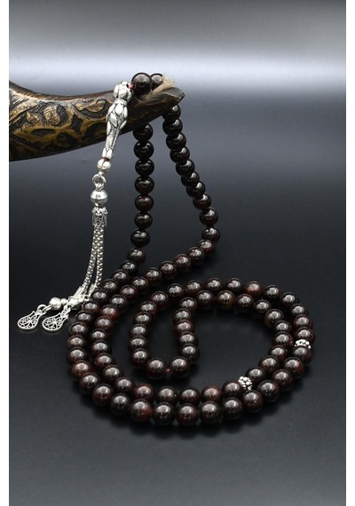 Doğal Garnet Taşlı 99'lük Tesbih 925 Ayar Gümüş 6mm Küre Kesim 902235