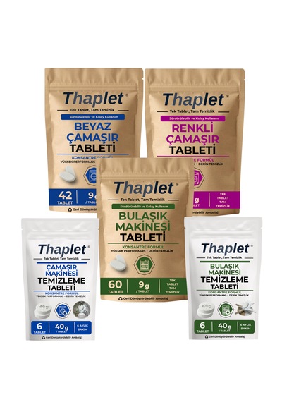 Thaplet Avantajlı 5li Set Beyaz Ve Renkli Çamaşır Deterjanı Tableti Ve Bulaşık Makinesi Tableti + Çamaşır Ve Bulaşık Makine Bakım Tabletleri