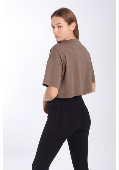 Maraton Comfort Kadın Bisiklet Yaka Kakao Crop Top Kahverengi