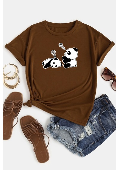 Unisex Uykucu Panda Baskılı Tasarım Tshirt Kahverengi