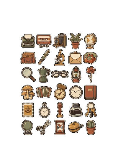 30 Adet Nostaljik Retro Obje Sticker Seti - Laptop Defter Ve Ajanda İçin Vintage Tasarım Çok Renkli