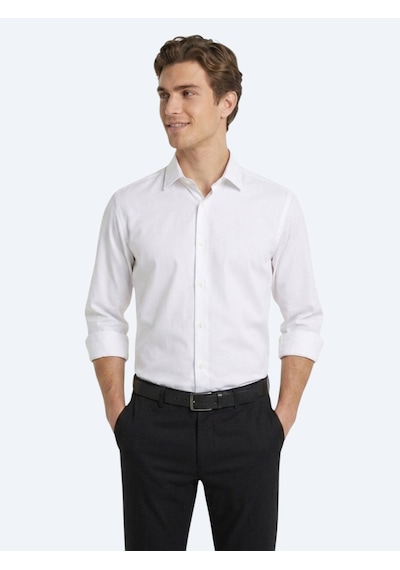 Kip Beyaz Düz Regular Fit Uzun Casual Gömlek