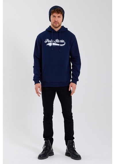Polostate Erkek 3 İplik Pamuklu İçi Polarlı Baskılı Regular Fit Kapüşonlu Kanguru Cepli Lacivert Sweatshirt Lacivert
