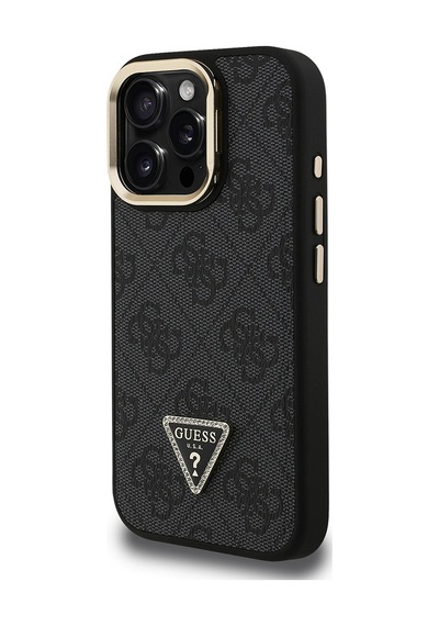 Apple iPhone 16 Pro Uyumlu Kılıf Guess Lisanslı Üçgen Logo 4g Desenli Kamera Standlı Kapak Siyah