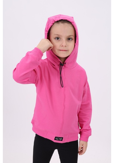 Kız Çocuk Oversize Kapüşonlu Düşük Omuz Baskılı Nervürlü Sweatshirt - 2 İplik Fuşya